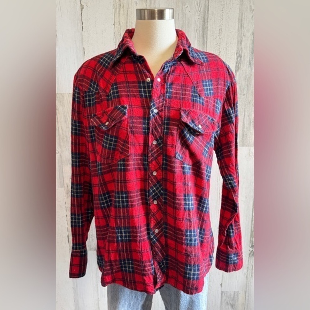Vintage Dickies‎ Red Navy Plaid pearl Button Shirt Cozy Flannel large farm fall